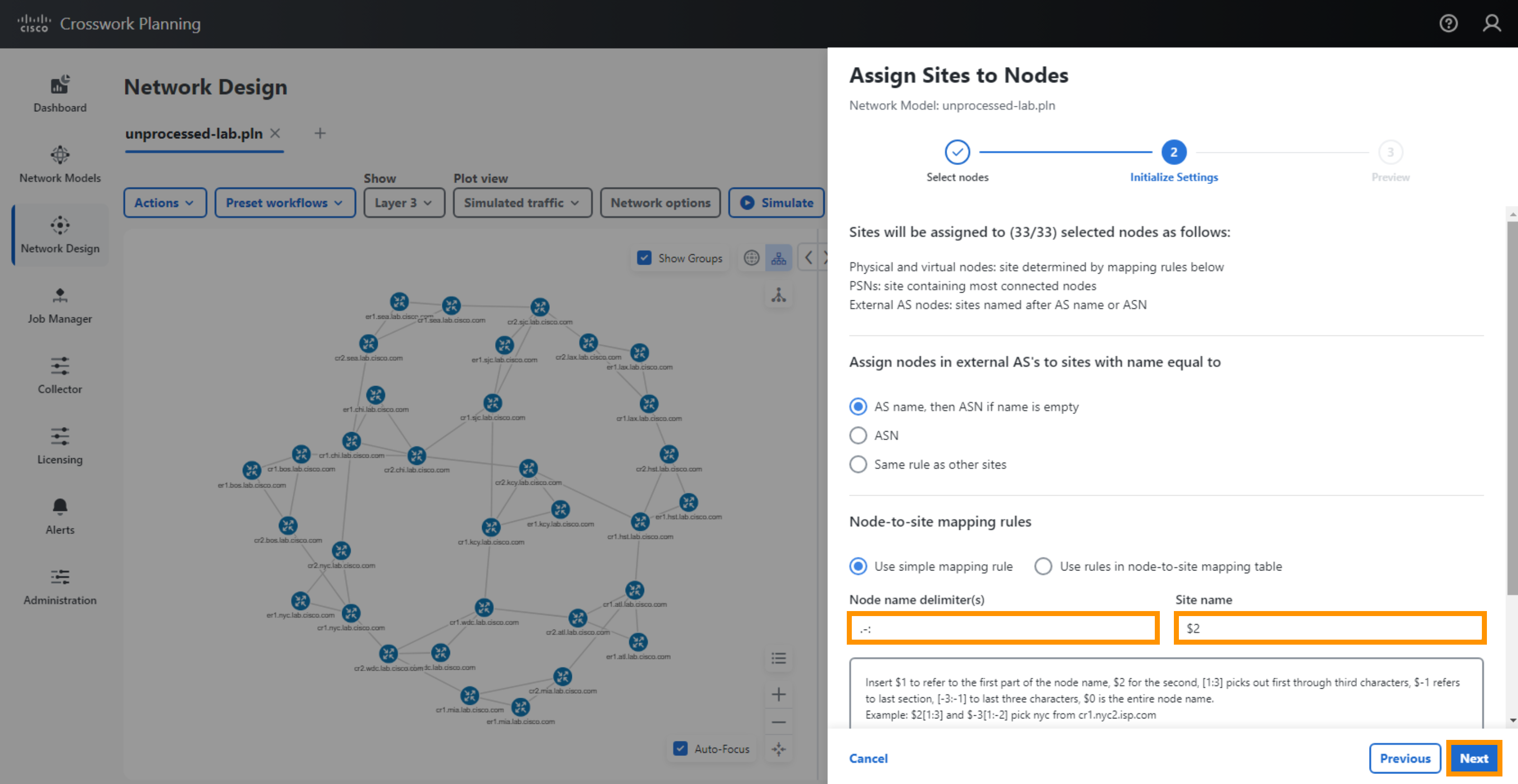 Assign Nodes to Sites - Initialize Settings